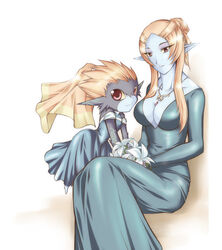  2girls black_dress blue_skin bouquet breasts cleavage colored_skin dark_bride dress dual_persona flower jewelry medium_breasts microspace midna midna_(true) multiple_girls necklace orange_hair pointy_ears spoilers the_legend_of_zelda the_legend_of_zelda:_twilight_princess wedding_dress 