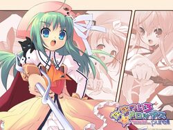  3girls akihime_sumomo angry aqua_eyes artist_request buttons cape croix dress feline green_hair hat highres ladle_(nanatsuiro_drops) logo multiple_girls nanatsuiro_drops official_art pramu_cloris_uniform prima_aspallas ribbon saint_aspallas_uniform satsuki_julirsia staff 