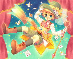  1boy ace_(playing_card) ace_of_hearts bird blonde_hair blue_eyes blush cane card commentary_request dove floating_card four_of_clubs freckles gimei hat heart male_focus nine_of_diamonds original playing_card queen_(playing_card) queen_of_spades red_curtains shorts solo star_(symbol) 