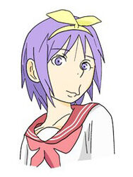  cropped eureka_seven eureka_seven_(series) female hiiragi_tsukasa lowres lucky_star meme neckerchief neta nijiura_7_(meme) parody photoshop_(medium) pink_neckerchief purple_eyes purple_hair ryouou_school_uniform school_uniform serafuku short_hair solo third-party_edit 