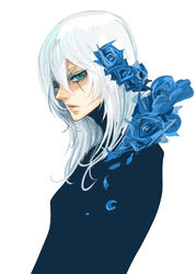  1boy bad_id bad_pixiv_id blue_flower blue_rose casshern_(series) casshern_sins dio_(casshern_sins) flower green_eyes male_focus rose scar scar_across_eye scar_on_face solo white_hair zuwai_kani 