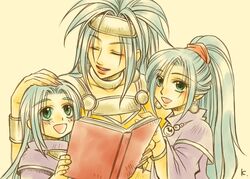  1boy 2girls blue_hair book brother_and_sister chrono_trigger commentary_request family green_eyes janus_zeal kuro_inu_(red_noname_king) long_hair mother_and_daughter mother_and_son multiple_girls ponytail queen_zeal schala_zeal siblings smile 