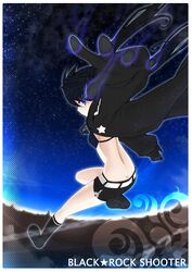  bad_id bad_pixiv_id bare_back belt bikini bikini_top_only black_bikini black_hair black_rock_shooter black_rock_shooter_(character) black_shorts boots female from_behind full_body knee_boots long_hair no_shirt profile short_shorts shorts solo swimsuit twintails very_long_hair waha_(artist) 