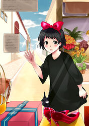  animal bad_id bad_pixiv_id black_cat black_hair blush bow dress feline female flower gift hairband jiji_(majo_no_takkyuubin) kiki_(majo_no_takkyuubin) majo_no_takkyuubin photoshop_(medium) shoes short_hair solo takanashi_beniko 