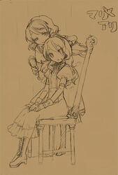  2girls alice_margatroid bakayanagi hair_brush holding holding_hair_brush kirisame_marisa monochrome multiple_girls orange_background orange_theme sketch touhou traditional_media 