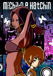  2girls bad_id bad_pixiv_id brown_hair dark-skinned_female dark_skin earrings hatchin_morenos hoop_earrings inukoko jewelry michiko_malandro michiko_to_hacchin multiple_girls 