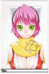  armband artbook bare_shoulders breasts cleavage cleavage_cutout closed_mouth clothing_cutout covered_nipples female floral_print goggles goggles_on_head gouma_reifuden_izuna green_eyes highres izuna_(gouma_reifuden_izuna) japanese_clothes large_breasts leaf light_smile looking_at_viewer ninja official_art page_number photoshop_(medium) pink_hair scan scarf short_hair simple_background smile solo turtleneck upper_body white_background yoshida_on 