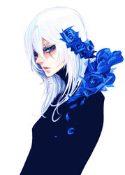  1boy bad_id bad_pixiv_id blue_eyes blue_flower blue_rose casshern_(series) casshern_sins dio_(casshern_sins) flower male_focus rose scar scar_across_eye scar_on_face solo white_hair zuwai_kani 