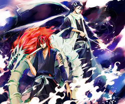  2boys abarai_renji bankai black_hair bleach commentary_request haori hihiou_zabimaru_(bankai) japanese_clothes kuchiki_byakuya long_hair male_focus multiple_boys red_hair senbonzakura_(shikai) shelattic shikai sword taichou_haori tattoo weapon 