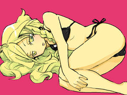  bakayanagi barefoot bikini black_bikini blonde_hair female kirisame_marisa long_hair lying on_side pink_background side-tie_bikini_bottom simple_background solo swimsuit touhou yellow_eyes 