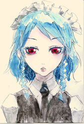  bakayanagi black_necktie blue_hair braid collared_shirt female izayoi_sakuya looking_at_viewer necktie red_eyes shirt solo touhou traditional_media twin_braids upper_body 