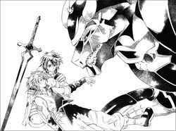  1boy bad_id bad_pixiv_id dragon female greyscale injury kame_tora layna_(soul_cradle) monochrome monster raksha_(soul_cradle) revya revya_(male) soul_cradle sword weapon 