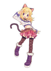  animal_ears artist_request belt blonde_hair boots bra cat_(trickster) cat_ears cat_tail cross female garter_belt jewelry lingerie necklace purple_eyes salute skirt solo tail thighhighs trickster_(ntreev_soft) underwear waving zettai_ryouiki 