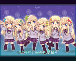  6+girls aioria artist_request blonde_hair blue_eyes chibi doria flower happy ionia laughing locria lydia_(sound_horizon) moira multiple_girls necktie phrygia siblings sisters skirt smile sound_horizon thighhighs 