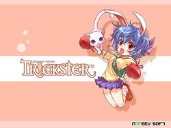  animal_ears backpack bag blue_hair boxing_gloves bunny_(trickster) feline female gloves headband open_mouth photoshop_(medium) rabbit_ears rabbit_tail red_eyes shirahane_nao skirt socks solo tail trickster_(ntreev_soft) 