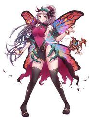  armpit_crease black_thighhighs blush bracelet breasts butterfly_wings covered_navel detached_sleeves dress elf english_commentary facial_mark fairy female fire_emblem fire_emblem_heroes forehead_mark grey_hair groin hairband highres injury insect_wings jewelry keipup knees_together_feet_apart large_breasts leotard long_hair looking_at_viewer necklace parted_bangs pelvic_curtain plant plumeria_(fire_emblem) pointy_ears ponytail red_eyes sideboob sidelocks simple_background solo taut_clothes taut_dress thighhighs thighs thorns torn_clothes twitter_username vines white_background wings 