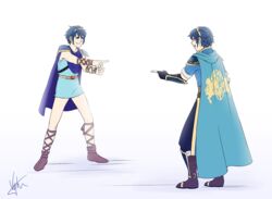  2boys :d armor belt black_footwear black_gloves black_pants blue_background blue_cape blue_eyes blue_hair blue_tunic boots brown_footwear cape commentary cross-laced_footwear dual_persona fingerless_gloves fire_emblem fire_emblem:_new_mystery_of_the_emblem fire_emblem:_shadow_dragon_and_the_blade_of_light from_behind gloves gradient_background greaves grin looking_at_another marth_(fire_emblem) marvel meme multiple_boys open_mouth pants parody pauldrons pointing pointing_at_another pointing_spider-man_(meme) profile short_sleeves shoulder_armor signature sleeveless smile spider-man_(series) thighs tiara tunic vambraces vyh white_background yellow_belt 