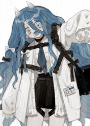  blue_hair blue_tongue bow_hairband colored_tongue fangs female frills frost_fog hair_between_eyes hairband highres horns id_card jacket long_hair looking_at_viewer necktie original oversized_clothes simple_background small_horns tongue white_background white_eyes white_horns 