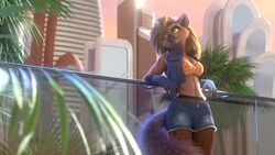  16:9 3d_(artwork) 4k absurd_res against_surface anthro blurred_foreground bottomwear breasts brown_body brown_fur brown_hair brown_spots building city clothed clothing cutoffs day denim denim_bottomwear denim_clothing detailed detailed_background digital_media_(artwork) disney fan_character female fern fingerless_gloves fishnet_clothing fishnet_legwear fully_clothed fur gloves hair handwear helena_(bonk6) heterochromia hi_res hotpants hyena jacket leaning leaning_backward legwear leopard_print_clothing looking_away mammal markings medium_breasts midriff open_clothing open_jacket open_topwear outside pink_eyes shorts skyscraper snaggle_tooth solo spots spotted_body spotted_fur spotted_hyena standing stockings three-quarter_view topwear whiskers widescreen yellow_eyes zoo_52 zootopia zorryn 