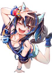  animal_ears bead_bracelet beads black_sports_bra blue_footwear blue_nails blue_shirt blush boots bracelet breasts brown_hair cleavage clothing_cutout cutoffs daitaku_helios_(umamusume) ear_covers female hair_ornament hairclip hcstyrus_ii highres horse_ears horse_girl horse_tail jewelry looking_at_viewer multicolored_hair multicolored_nails neck off_shoulder one_eye_closed open_mouth round_teeth shirt short_shorts shorts side_ponytail simple_background small_breasts smile solo sparkle sports_bra streaked_hair tail teeth umamusume upper_teeth_only w white_background white_shorts wristband yellow_eyes 