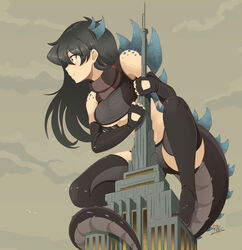  black_bra black_footwear black_hair black_panties boots bra breasts building commentary crop_top empire_state_building english_commentary female giant giantess godzilla_(series) godzilla_the_series high_heel_boots high_heels highres large_breasts long_hair md5_mismatch monster_girl orange_eyes panties personification raps_(yohomeboyraps) resolution_mismatch skyscraper solo source_smaller tail thigh_boots thighhighs underwear zilla_jr. 