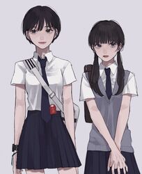  2girls bag black_eyes black_hair blue_skirt highres looking_to_the_side mole mole_under_eye mole_under_mouth multiple_girls necktie original own_hands_together school_bag school_uniform short_hair skirt tami_moon twintails 