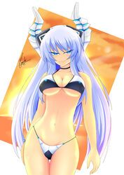  absurdres bikini blue_eyes blue_hair breasts cleavage collarbone cundodeviant female hair_ornament highres horn kiseijou_rei_(goddess_form) large_breasts long_hair navel neptune_(series) smile solo swimsuit transformation watermark 