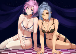  2girls au_ra black_bra black_horns black_panties black_scales blue_hair borrowed_character bra braid breasts checkered_floor cleavage closed_mouth collarbone commission decima_velanox dragon_girl dragon_horns final_fantasy final_fantasy_xiv garter_belt grin highres horns hyur jewelry leaning_forward long_hair looking_at_viewer medium_breasts multiple_girls multiple_panties nagi-kaze navel necklace original panties pink_hair ponytail purple_eyes scales short_hair sin_faye skeb_commission smile thigh_strap thighhighs tied_hair underwear underwear_only warrior_of_light_(ff14) white_bra white_panties white_thighhighs yellow_eyes 