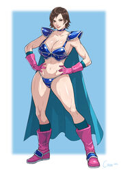  abs absurdres armor artist_name bikini_armor blue_cape blue_choker breasts brown_hair cape chi-chi_(dragon_ball) chi-chi_(dragon_ball)_(cosplay) choker cirenk cleavage collarbone commentary commission cosplay dragon_ball dragon_ball_(classic) english_commentary female full_body gloves hands_on_own_hips highres kazama_asuka large_breasts mixed-language_commentary pink_footwear pink_gloves revealing_clothes short_hair solo tekken thighs toned 