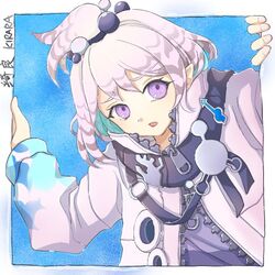  arknights bonjirix character_name female jacket kirara_(arknights) light_purple_hair long_sleeves looking_at_viewer open_mouth purple_eyes purple_jacket short_hair solo upper_body zipper_pull_tab 