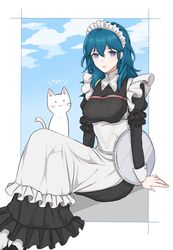  akina_(akn_646) blue_eyes blue_hair blue_sky byleth_(fire_emblem) byleth_(fire_emblem)_(female) cloud feline female fire_emblem fire_emblem:_three_houses highres long_sleeves maid maid_headdress parted_lips plate sitting sky 