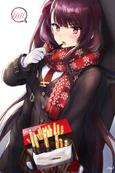  :o black_coat blunt_bangs blush brown_skirt coat cowboy_shot eating enpera female food girls&#039;_frontline gloves hair_ribbon highres holding holding_food incoming_food long_hair long_sleeves looking_at_viewer necktie noixen one_side_up open_clothes open_coat open_mouth photoshop_(medium) pink_ribbon plaid plaid_skirt pocky pov print_scarf purple_eyes purple_hair red_necktie red_scarf ribbon scarf signature skirt snowflake_print solo speech_bubble spoken_blush unbuttoned v-shaped_eyebrows very_long_hair wa2000_(date_in_the_snow)_(girls&#039;_frontline) wa2000_(girls&#039;_frontline) weapon_bag white_gloves 