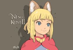  1boy animal_ears blonde_hair blue_eyes brown_background cape cat_boy cat_ears copyright_name dated evan_pettiwhisker_tildrum highres looking_away male_focus medium_hair ni_no_kuni_ii ponkichi_(ponkichim) signature simple_background smile solo 