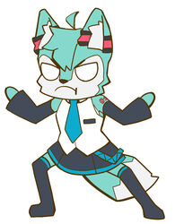  2020 angry anthro armwear blue_body blue_fur bottomwear canid canine clothed clothing cosplay countershading crossdressing footwear fox fur fur_markings gyari_(producer) hatsune_miku hi_res kizuna_akari legwear male mammal markings necktie parody roflfox shirt skirt solo thigh_highs topwear vocaloid voiceroid white_body white_eyes white_fur x-teeth-x 