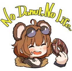  :d aged_down ahoge amonitto animal_ears bear_ears black_choker blush brown_hair choker closed_eyes commentary_request doughnut english_text eyewear_on_head female food food_in_mouth girls&#039;_frontline grizzly_mkv_(girls&#039;_frontline) grizzly_mkv_(teddy_transform!)_(girls&#039;_frontline) holding holding_food official_alternate_costume open_mouth short_hair simple_background smile solo sunglasses white_background 