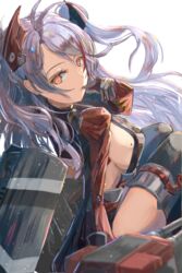  azur_lane black_thighhighs breasts female finger_to_mouth gloves grey_gloves headgear light_purple_hair long_hair looking_at_viewer looking_back medium_breasts mole mole_on_breast multicolored_hair orange_eyes prinz_eugen_(azur_lane) red_hair sideboob solo streaked_hair thighhighs two-tone_hair uutan_(shibainu_kakumei) white_background 