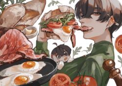  2boys ahoge bread brown_eyes brown_hair commentary drooling ear_piercing earrings eating egg_(food) english_commentary fatalbug896 food food_focus food_in_mouth fried_egg from_side frying_pan green_shirt hair_between_eyes hand_up highres holding holding_food jewelry leaf long_sleeves looking_at_viewer male_focus meal meat mini_person miniboy mixed-language_commentary mouth_drool multiple_boys nichts_(fatalbug896) open_mouth original pepper_(spice) pepper_mill piercing sandwich sauce shirt short_hair tomato tomato_slice too_much_food upper_body white_background wille_(fatalbug896) 