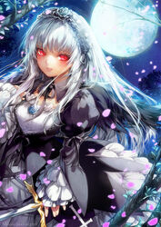  black_dress black_wings blush dress feathered_wings female frilled_dress frilled_hairband frilled_sleeves frills gothic_lolita grey_hair hairband holding holding_sword holding_weapon juliet_sleeves lolita_fashion lolita_hairband long_hair long_sleeves looking_at_viewer misaki_(kyal_001) moon puffy_sleeves red_eyes rozen_maiden solo suigintou sword weapon wings 