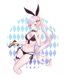  argyle_background bare_arms bare_shoulders bikini black_bikini black_ribbon bow bowtie breasts cleavage collarbone commentary cropped_legs detached_collar female finger_on_trigger five-seven_(cruise_queen)_(girls&#039;_frontline) five-seven_(girls&#039;_frontline) fn_five-seven front-tie_bikini_top front-tie_top girls&#039;_frontline gun hair_ornament hair_ribbon halterneck hand_on_own_chest handgun highres holding holding_gun holding_weapon large_breasts leg_ribbon long_hair looking_at_viewer multi-strapped_bikini navel official_alternate_costume ponytail ribbon side-tie_bikini_bottom siun solo stomach string_bikini swimsuit thighs very_long_hair weapon white_hair yellow_eyes 