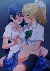  2girls after_kiss ayase_eli blonde_hair blue_eyes blue_hair blush hair_ribbon highres holding_hands interlocked_fingers long_hair looking_at_another love_live! love_live!_school_idol_project multiple_girls nanatsu_no_umi open_mouth otonokizaka_school_uniform pleated_skirt ponytail ribbon saliva saliva_trail school_uniform shirt simple_background sitting skirt sonoda_umi summer_uniform swept_bangs unbuttoned unbuttoned_shirt white_shirt yellow_eyes yuri 