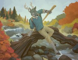  2018 5_fingers anthro antlers autumn belt black_nose blue_eyes bottomwear bracelet chest_tuft climbing clothed clothing cloven_hooves creek day deer detailed_background digital_media_(artwork) eyebrows fingers forebucks forepawz forest fully_clothed fur grey_body grey_fur head_tuft hiking hooves horn inner_ear_fluff jewelry male mammal nature new_world_deer outside pants plant river scenery sky smile solo sweater thestory topwear trail tree tuft v-neck water white-tailed_deer white_body white_fur 