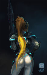  ass blonde_hair bodysuit cable commentary cowboy_shot dated elbow_pads english_commentary female from_behind ghost_(starcraft) gun hand_on_own_hip headphones heroes_of_the_storm holding holding_gun holding_weapon kan_liu_(666k) long_hair neon_trim nova_(starcraft) photoshop_(medium) ponytail rifle science_fiction shoulder_pads signature skin_tight sniper_rifle solo standing starcraft terran very_long_hair weapon wireless 