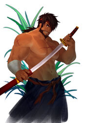  1boy azure_hokuto bara beard black_hair commentary eyepatch facial_hair hair_over_one_eye headband highres holding holding_sword holding_weapon large_pectorals long_hair looking_at_viewer lrpanda00 male_focus manly moustache muscular muscular_male navel original pectorals photoshop_(medium) ponytail red_eyes red_headband scar sheath simple_background solo standing sword topless_male unsheathing weapon white_background 