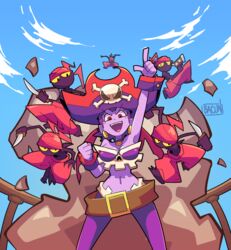  arm_up artist_name bacun breasts cleavage colored_skin day earrings female hat highres index_finger_raised jewelry large_breasts looking_at_viewer multicolored_clothes multicolored_headwear navel open_mouth outdoors pirate_hat purple_hair purple_headwear purple_skin red_eyes red_headwear risky_boots shantae_(series) short_hair skull_and_crossbones sky smile teeth tinkerbat upper_teeth_only 