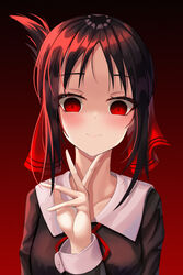  absurdres black_background black_dress blush brown_hair closed_mouth collarbone commentary_request dress female gradient_background highres kaguya-sama_wa_kokurasetai_~tensai-tachi_no_renai_zunousen~ long_sleeves looking_at_viewer neck_ribbon photoshop_(medium) red_background red_eyes red_ribbon ribbon ryon_y0421 sailor_collar sailor_dress school_uniform shinomiya_kaguya shuuchiin_academy_school_uniform smile solo upper_body white_sailor_collar 