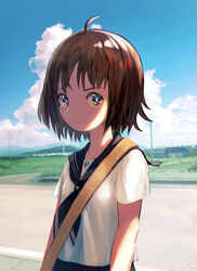  absurdres ahoge brown_eyes brown_hair cloud collarbone commentary_request female frown highres hill inami_hatoko looking_at_viewer original outdoors road rural school_uniform serafuku serious shaded_face short_hair sky solo street upper_body 