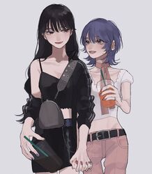  2girls adidas black_eyes black_hair blue_hair couple drink highres holding holding_drink holding_hands jacket long_hair looking_at_another looking_down looking_up mole mole_under_eye mole_under_mouth multiple_girls off_shoulder original short_hair tami_moon track_jacket yuri 