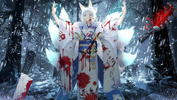  animal_ears arms_up azur_lane blood blood_on_clothes blood_on_face blood_on_knife blood_splatter blue_eyes bored eyeliner eyeshadow female forest fox_ears fox_girl fox_mask fox_tail frown fur-trimmed_kimono fur_trim gudadan handprint highres japanese_clothes kaga_(azur_lane) kaga_(white_fox&#039;s_new_year)_(azur_lane) kimono knife makeup mask mask_on_head multiple_tails nature official_alternate_costume photoshop_(medium) short_hair slashing snow snowing tail white_hair white_kimono 