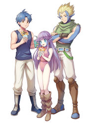  2boys blue_eyes boots breasts brown_footwear closed_mouth earrings eating esper_(saga) facial_mark female food full_body human_(saga) jewelry leotard long_hair multiple_boys no_s open_mouth pointy_ears purple_hair saga saga_1 simple_background smile white_background 