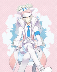  1boy blue_necktie blush chair closed_mouth coat collared_shirt commentary_request crossed_legs dabu_(dabuchan) emmet_(pokemon) flower gloves grey_eyes grey_hair hat looking_at_viewer male_focus necktie open_clothes open_coat pants peaked_cap pokemon pokemon_bw shirt shoes short_hair sideburns sitting smile solo veil white_coat white_footwear white_gloves white_hat white_pants white_shirt 